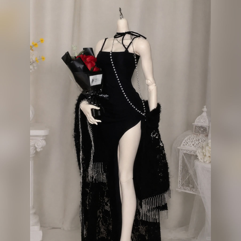 Female BJD doll body wearing an elegant black dress to showcase outfit fitting and articulation