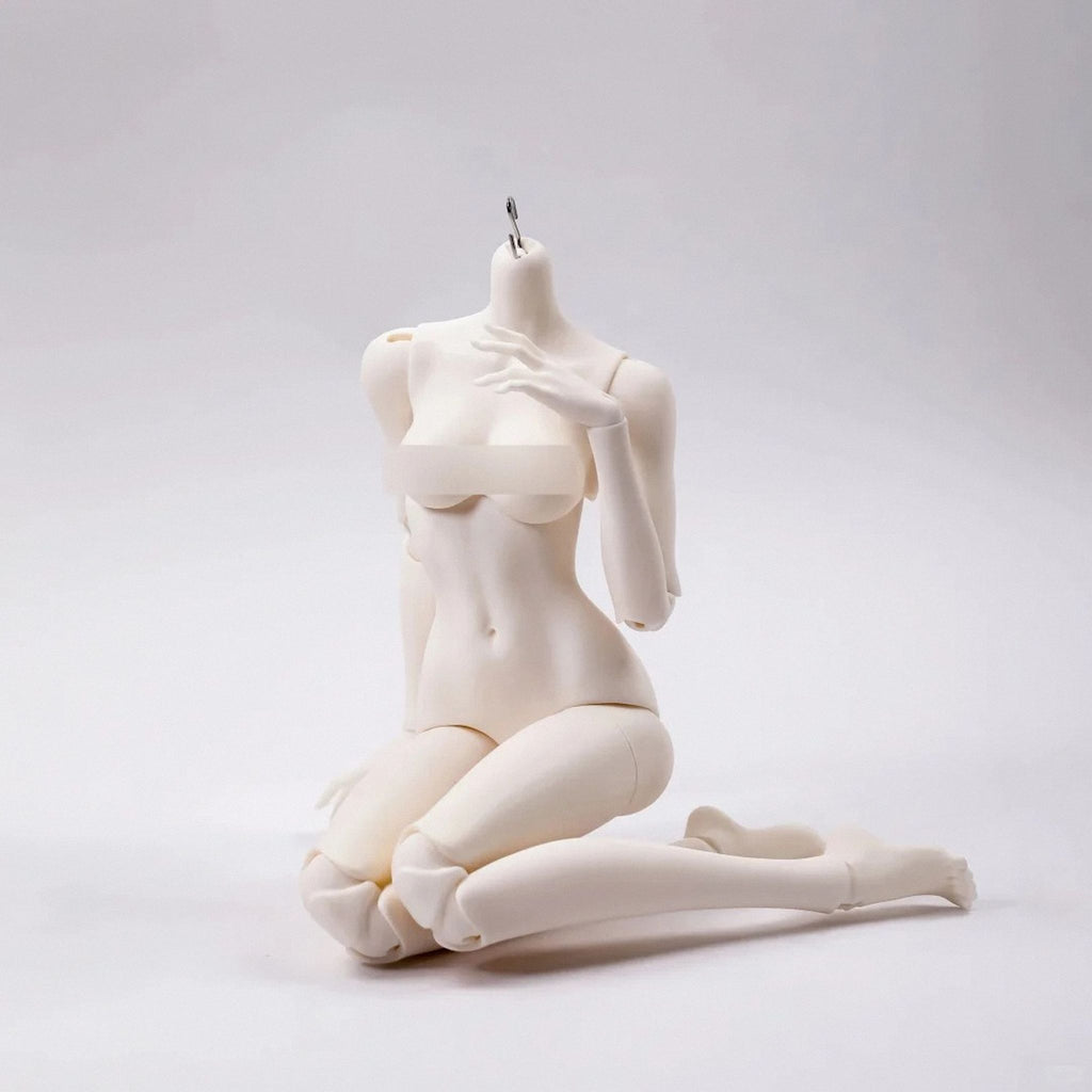 Female BJD doll body kneeling pose showing elegant body proportions and joint articulation