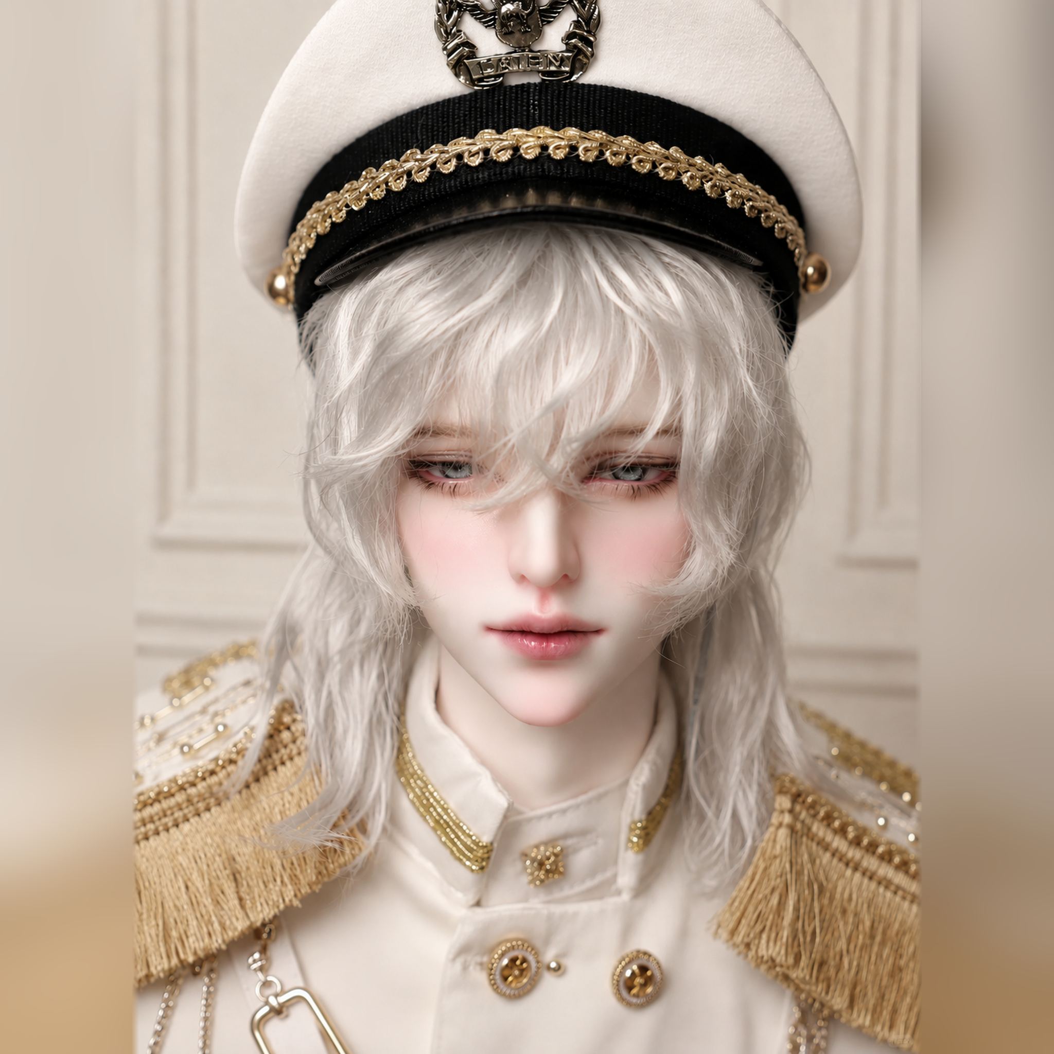 Large male BJD head sculpt with custom face-up, elegant fantasy BJD head with realistic facial painting and white hair