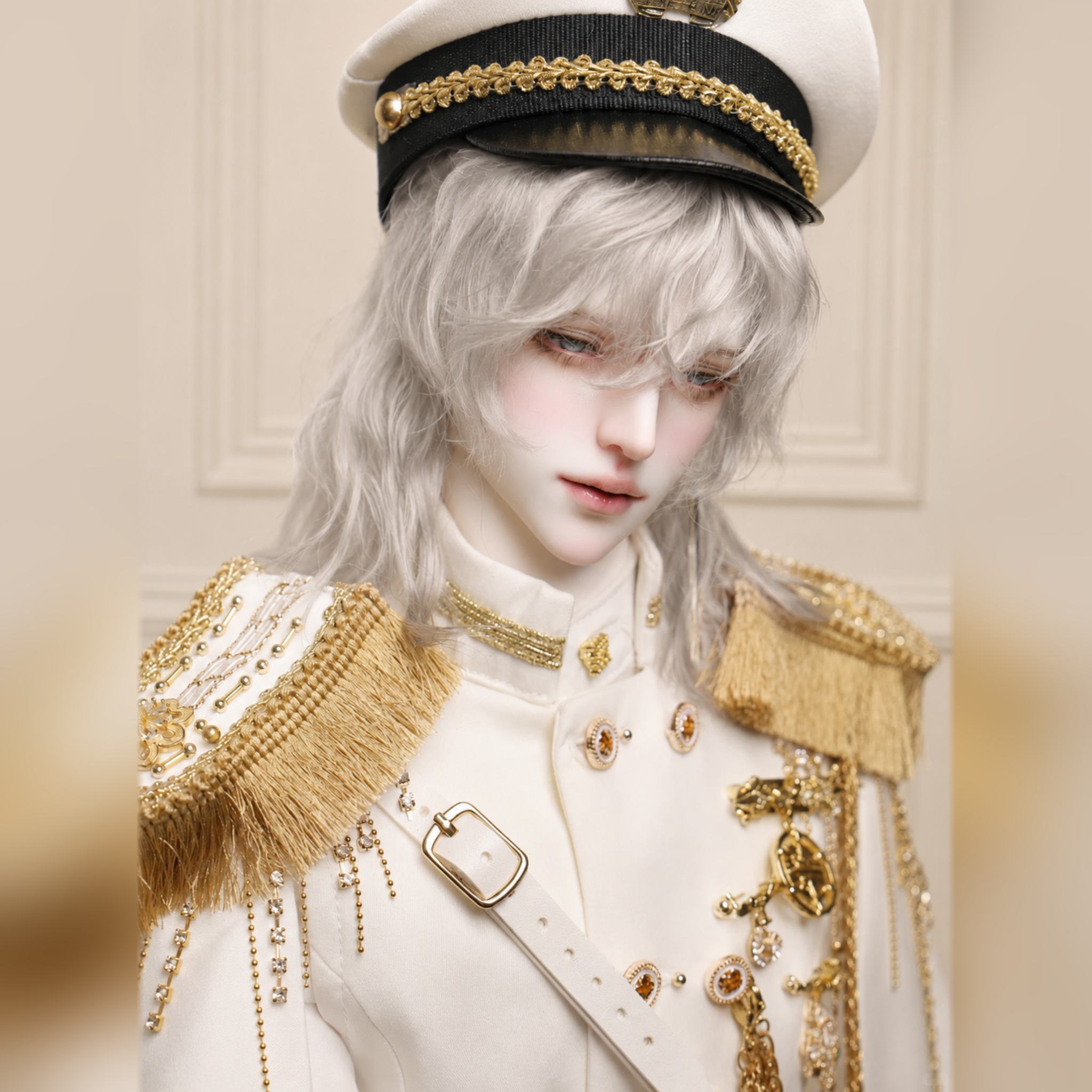 large male BJD head with custom face-up, realistic resin doll head featuring delicate makeup and fantasy aesthetic