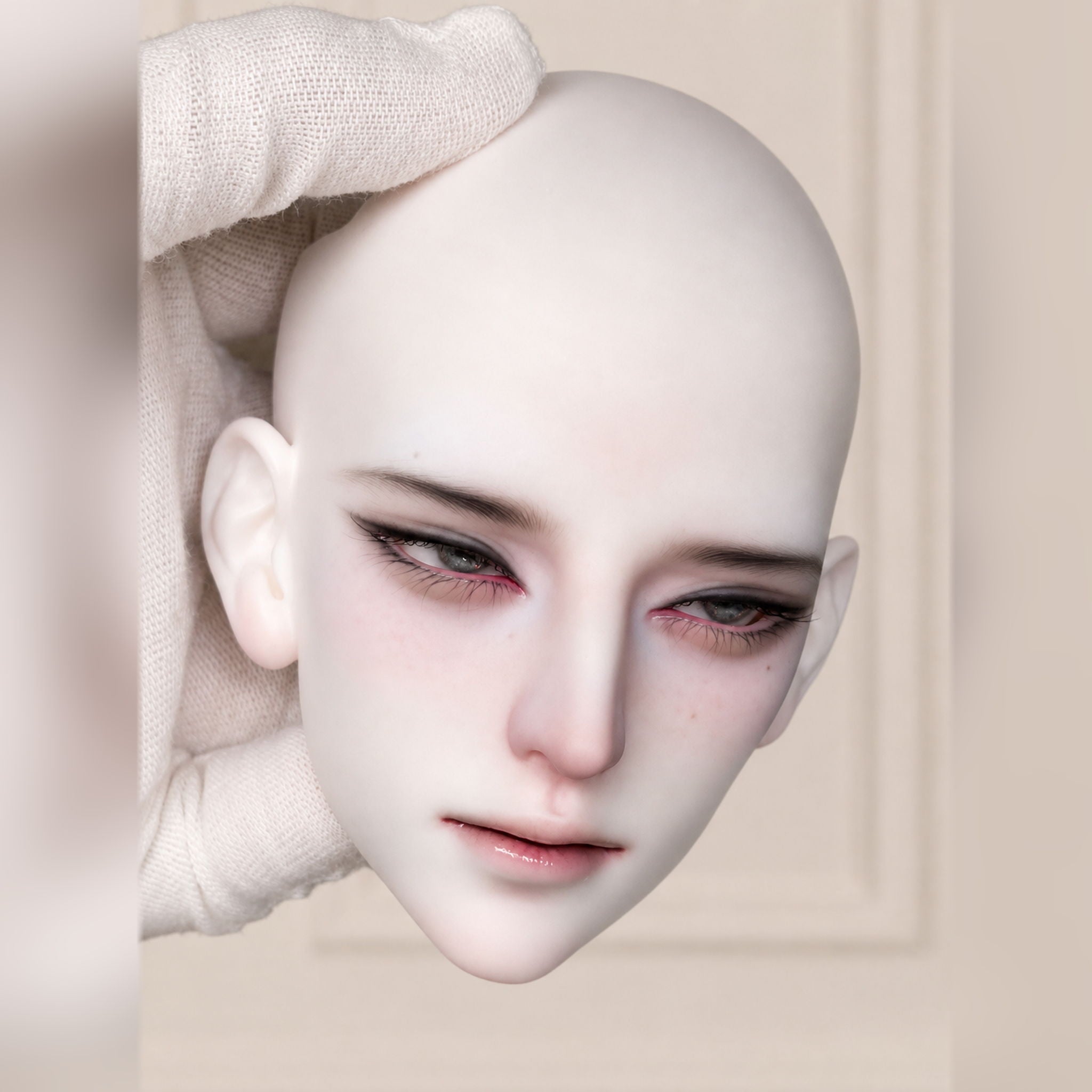 large male BJD head with custom face-up, realistic resin head sculpt featuring detailed makeup and elegant character styling