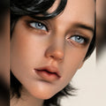 lager male BJD head with custom face-up, realistic fantasy style resin head sculpt with black wig and blue eyes
