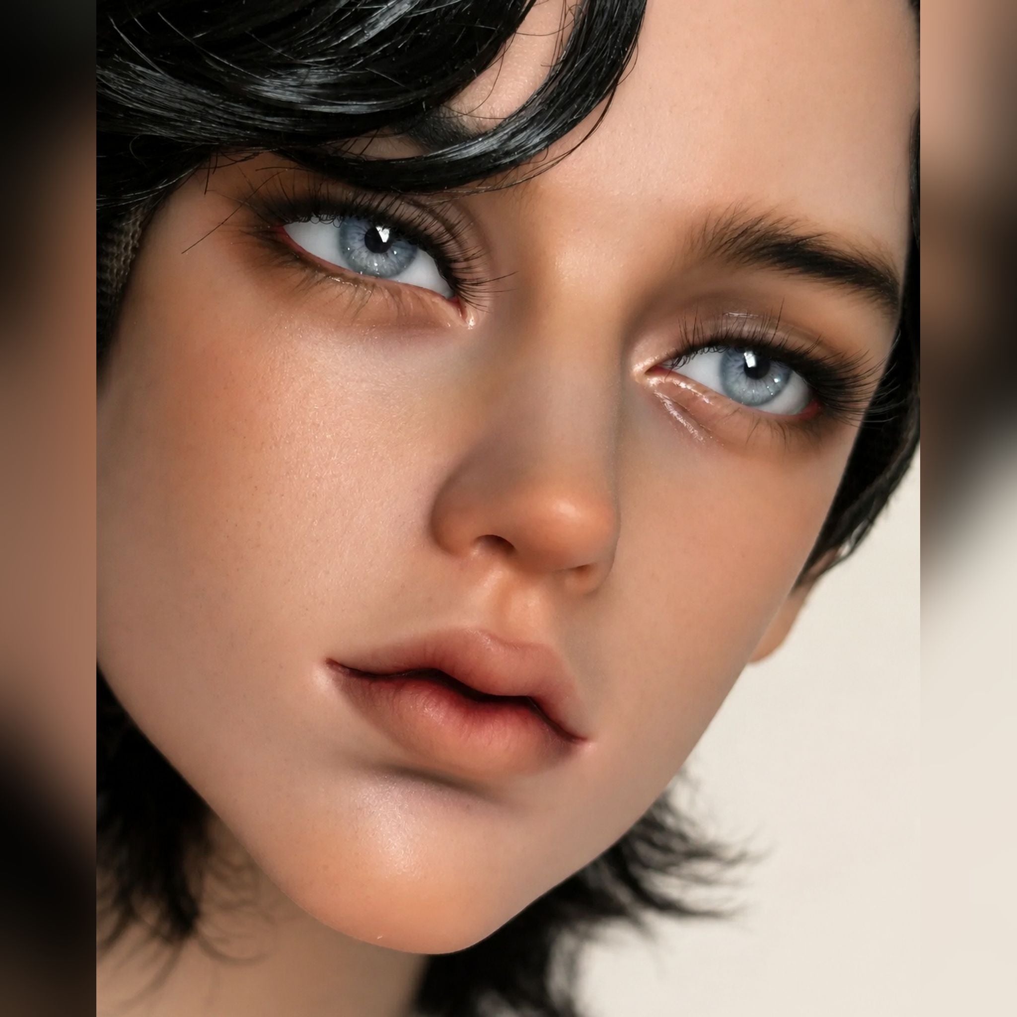 lager male BJD head with custom face-up, realistic fantasy style resin head sculpt with black wig and blue eyes