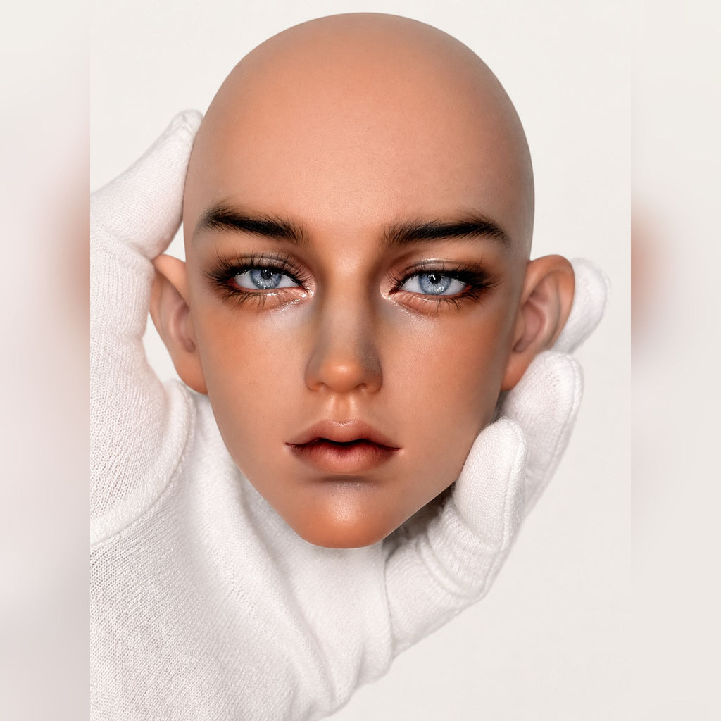 large male BJD head sculpt with custom face-up, fantasy style resin doll head with detailed makeup and realistic features