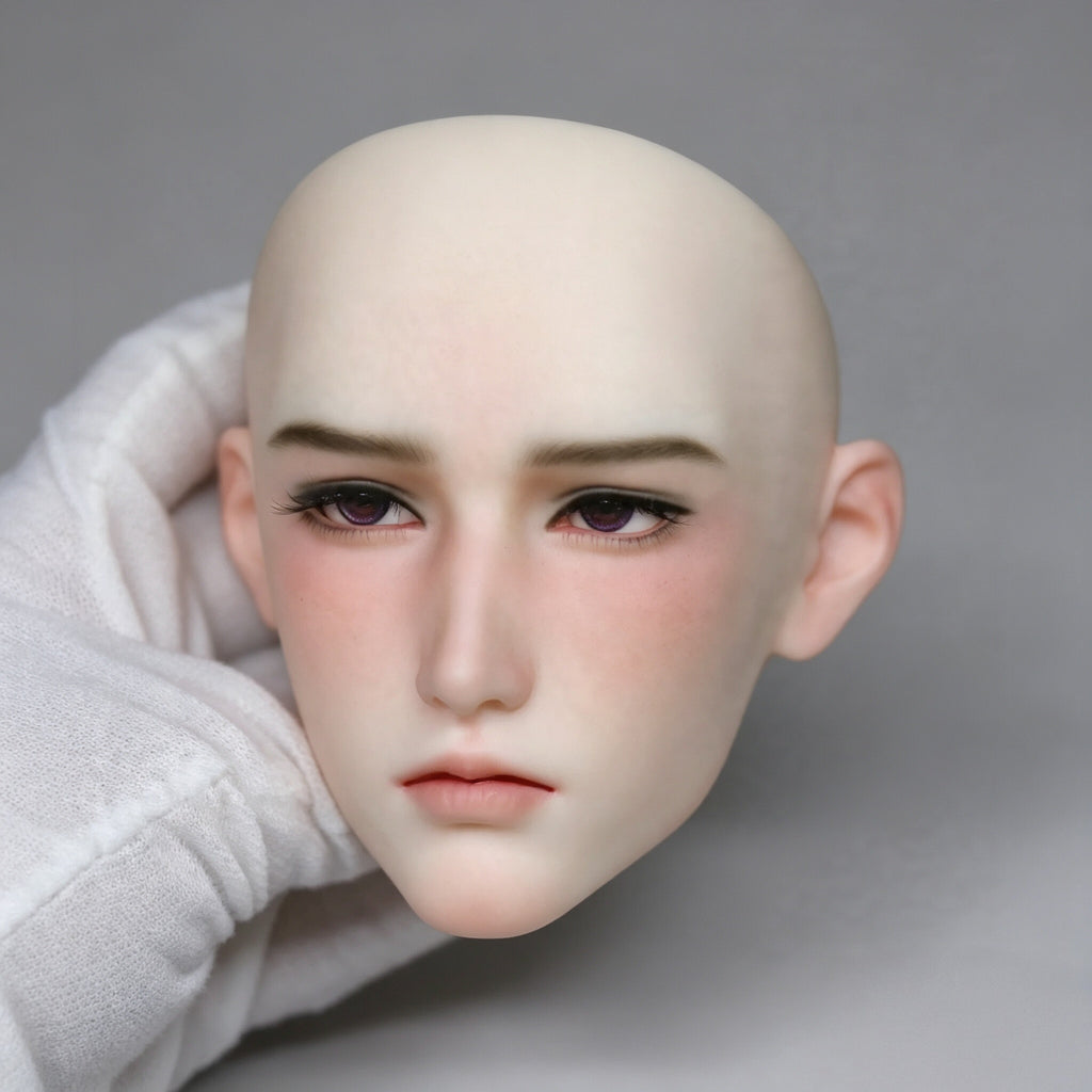 Male BJD head sculpt with custom makeup example, soft youthful doll face design