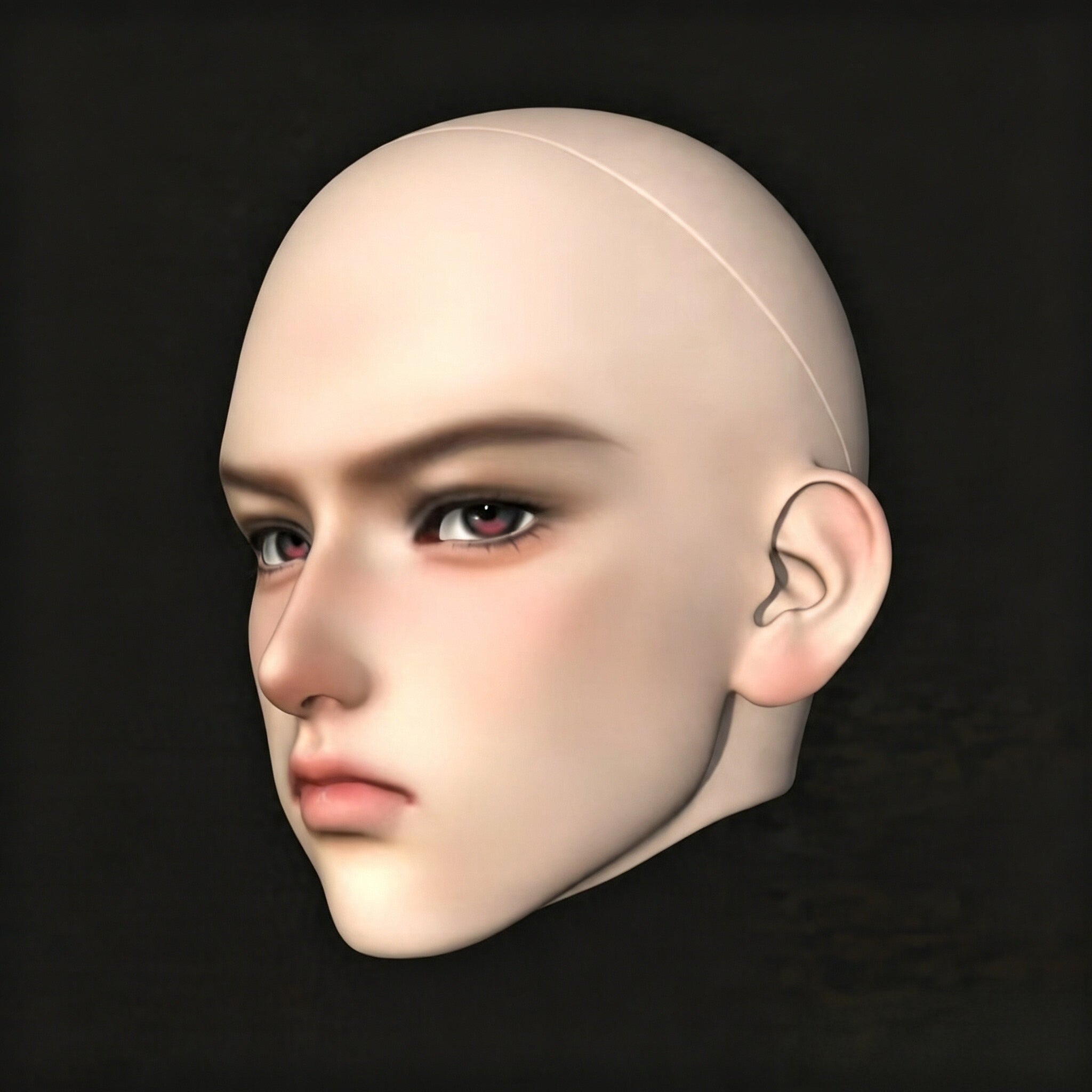 Male BJD head sculpt detailed side view with smooth resin surface and realistic features