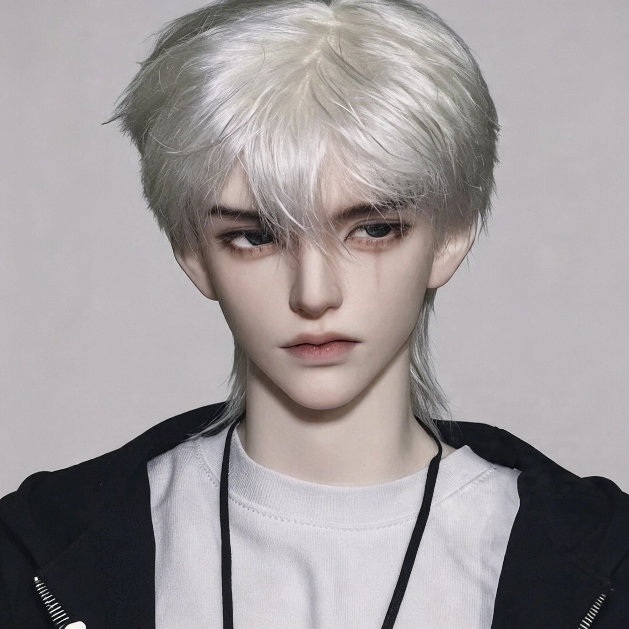 Realistic mature male BJD head with white hair and elegant face-up style