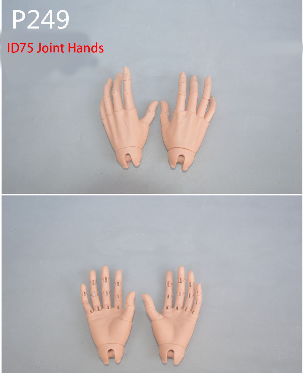 Peach resin jointed replacement hands for male BJD doll, front and back comparison shot