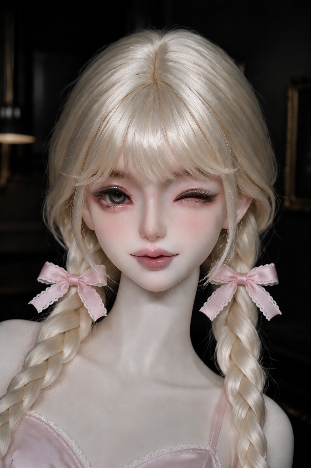 1/3 scale BJD female head sculpt Wink Girl with custom face-up and white wig