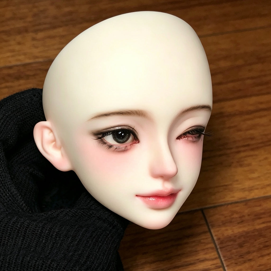 Front view of 1/3 scale BJD female head sculpt with elegant face-up makeup
